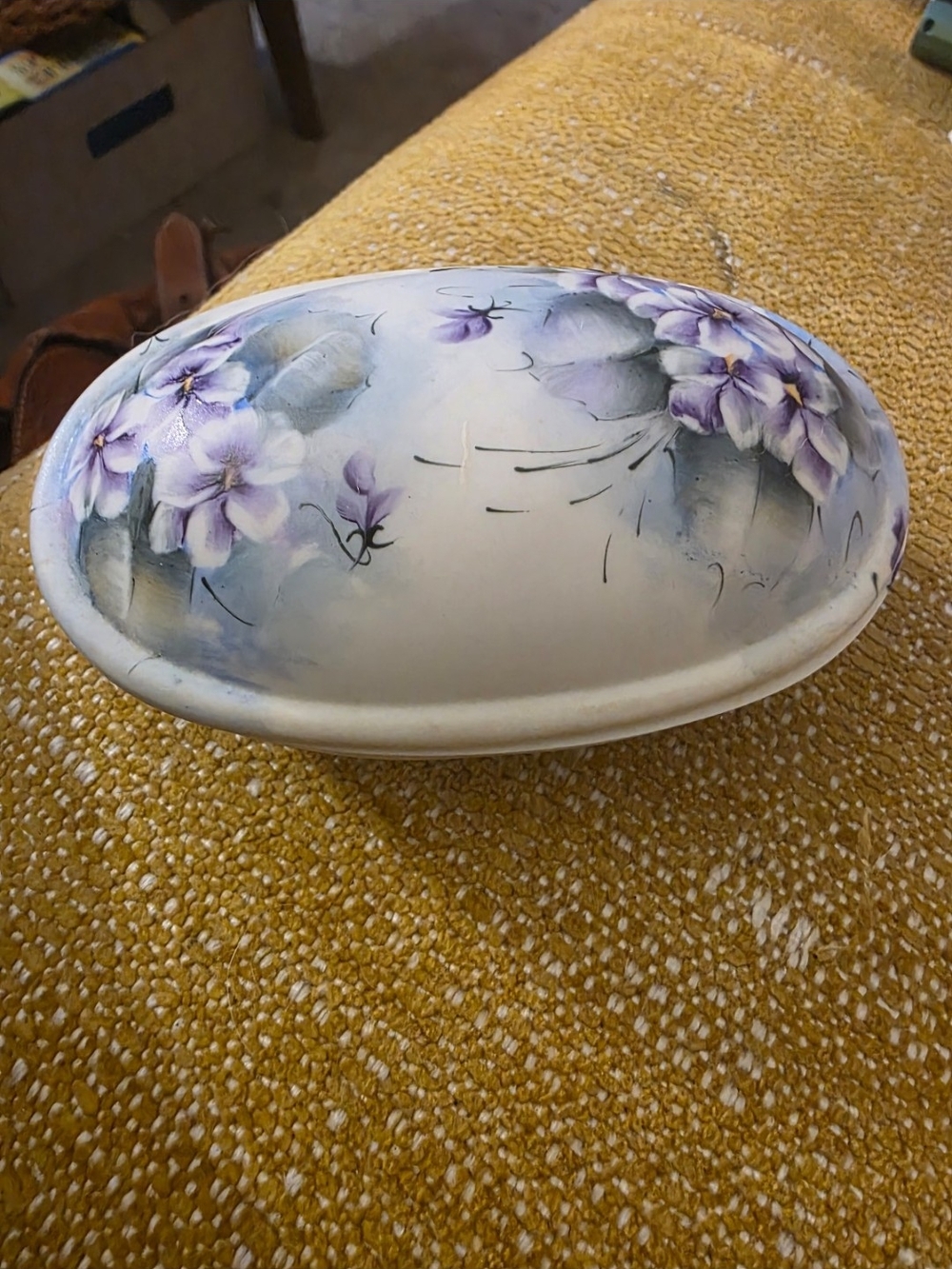 Source Unknown Hand-Painted Oval Bowl Lot with Purple Floral Motif